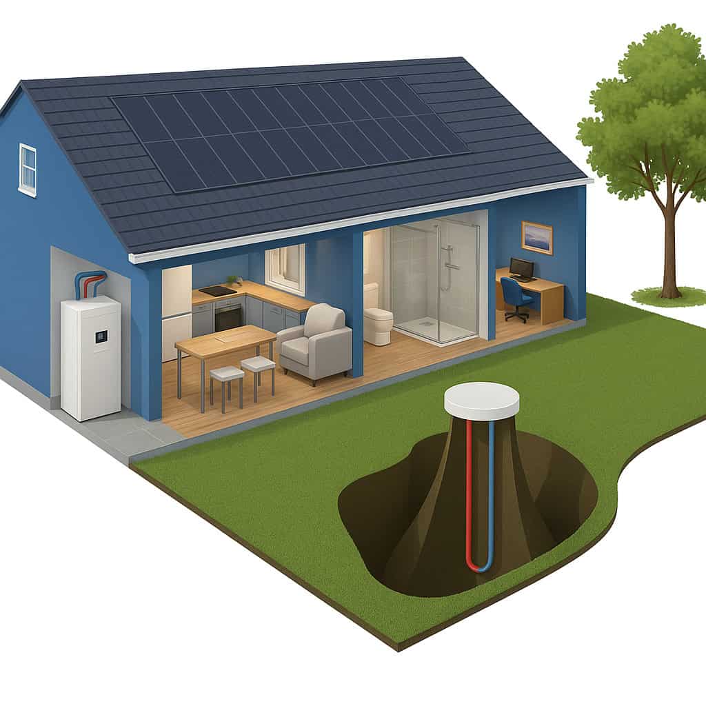 Maalämpöpumpun toiminta kuvituskuvana. Porakaivo pihalla, joka johtaa lämmön omakotitalon käyttövesiputkistoon